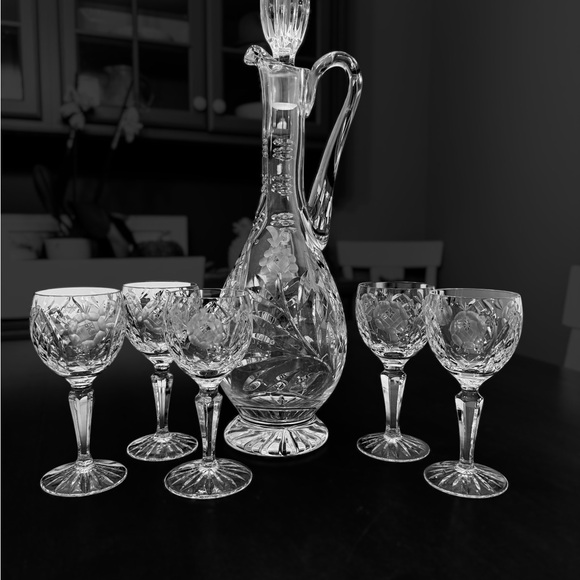 Other - Vintage Crystal Decanter Set with 5 Cordial Glasses